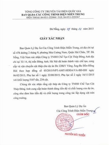 Letter of Certificate Central Vietnam Power Projects Management Board